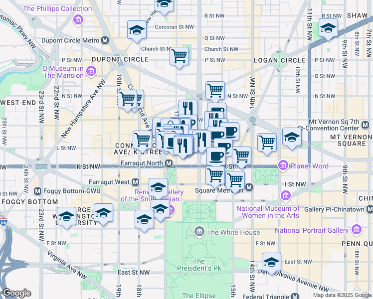 map of restaurants, bars, coffee shops, grocery stores, and more near 1620 L Street Northwest in Washington