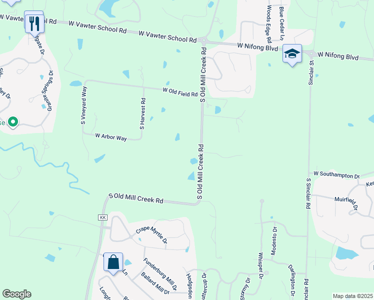 map of restaurants, bars, coffee shops, grocery stores, and more near 4601 South Old Mill Creek Road in Columbia
