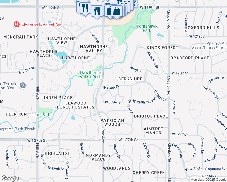 map of restaurants, bars, coffee shops, grocery stores, and more near 4501 West 124th Lane in Leawood