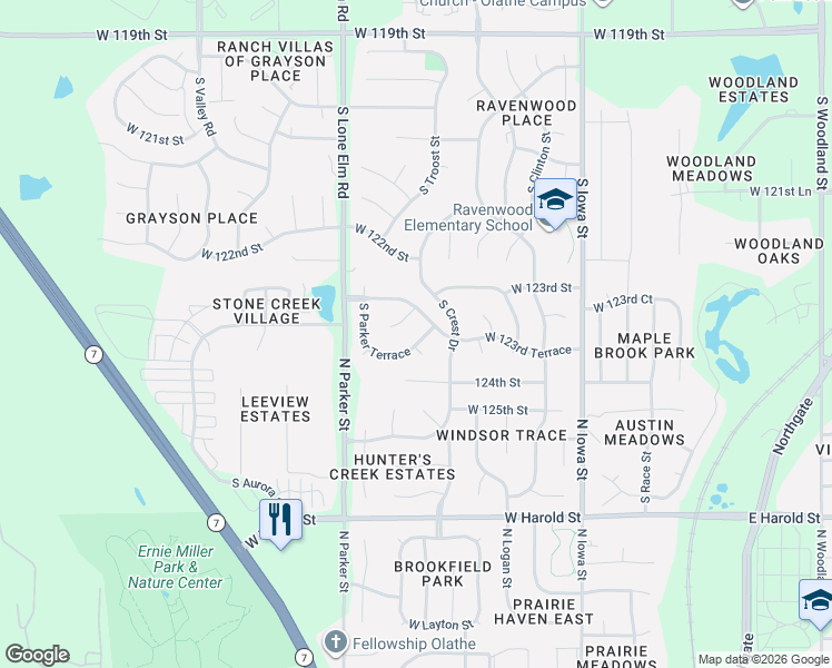 map of restaurants, bars, coffee shops, grocery stores, and more near 12443 South Parker Terrace in Olathe
