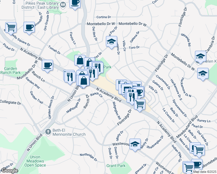 map of restaurants, bars, coffee shops, grocery stores, and more near 5038 El Camino Drive in Colorado Springs