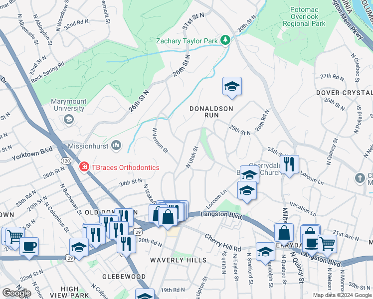 map of restaurants, bars, coffee shops, grocery stores, and more near 4442 Vacation Lane in Arlington