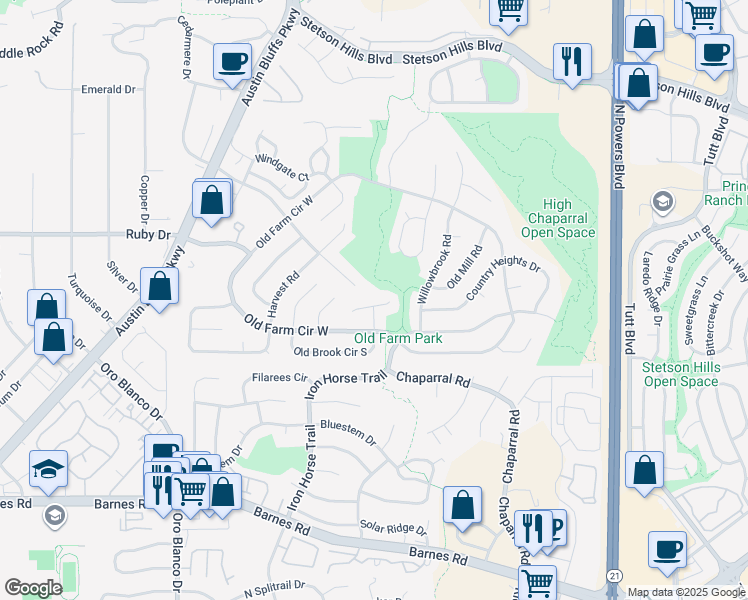map of restaurants, bars, coffee shops, grocery stores, and more near 4975 Country Brook Court in Colorado Springs