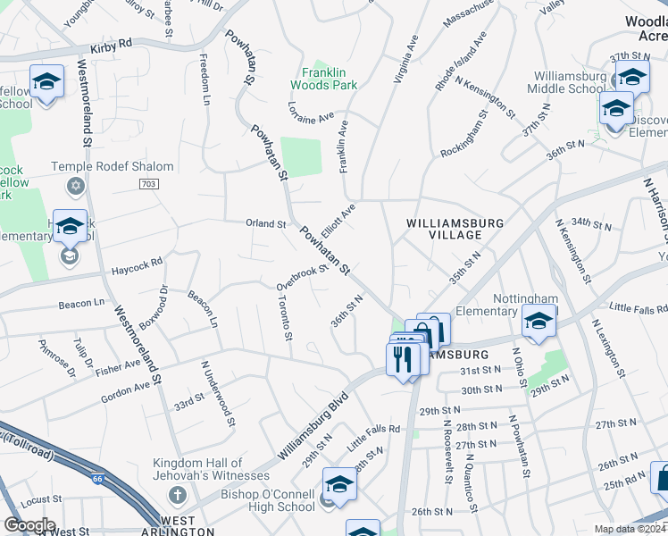 map of restaurants, bars, coffee shops, grocery stores, and more near 2132 Powhatan Street in Falls Church