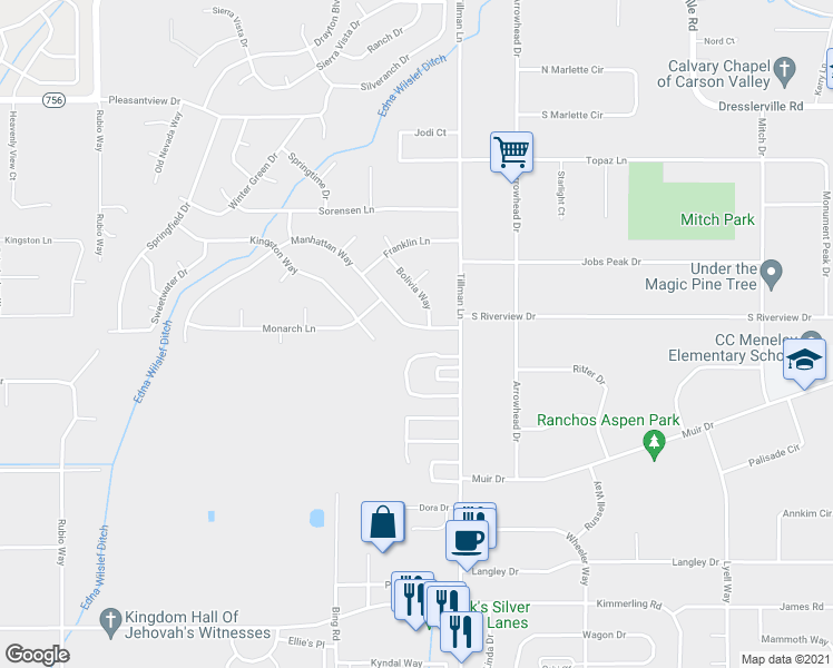 map of restaurants, bars, coffee shops, grocery stores, and more near 1289 Manhattan Way in Gardnerville