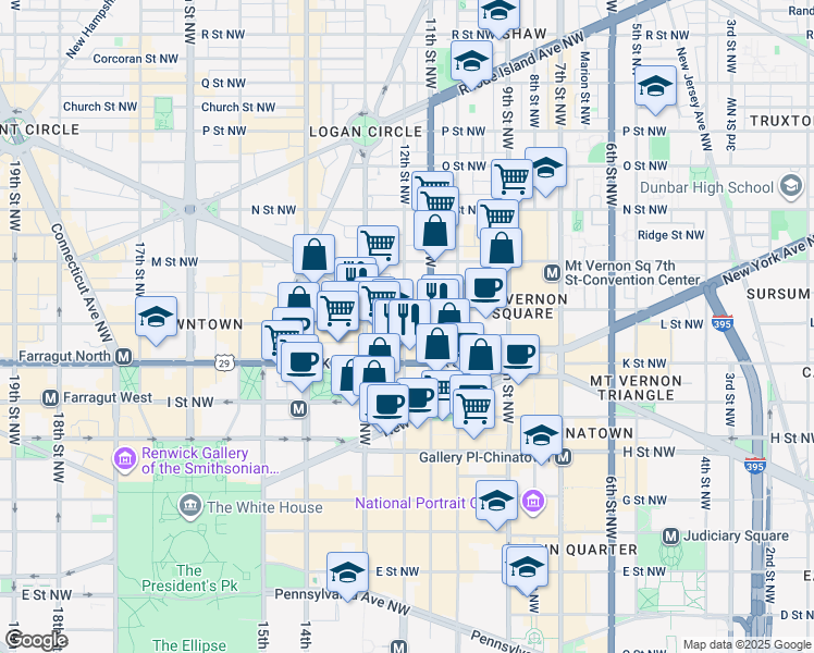 map of restaurants, bars, coffee shops, grocery stores, and more near 1100 L Street Northwest in Washington