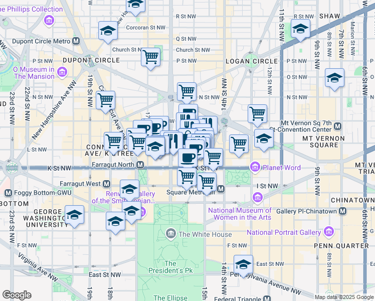 map of restaurants, bars, coffee shops, grocery stores, and more near 1030 15th Street Northwest in Washington