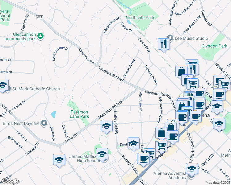 map of restaurants, bars, coffee shops, grocery stores, and more near 413 Upham Place Northwest in Vienna