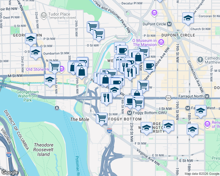 map of restaurants, bars, coffee shops, grocery stores, and more near Pennsylvania Avenue Northwest & 25th Street Northwest in Washington