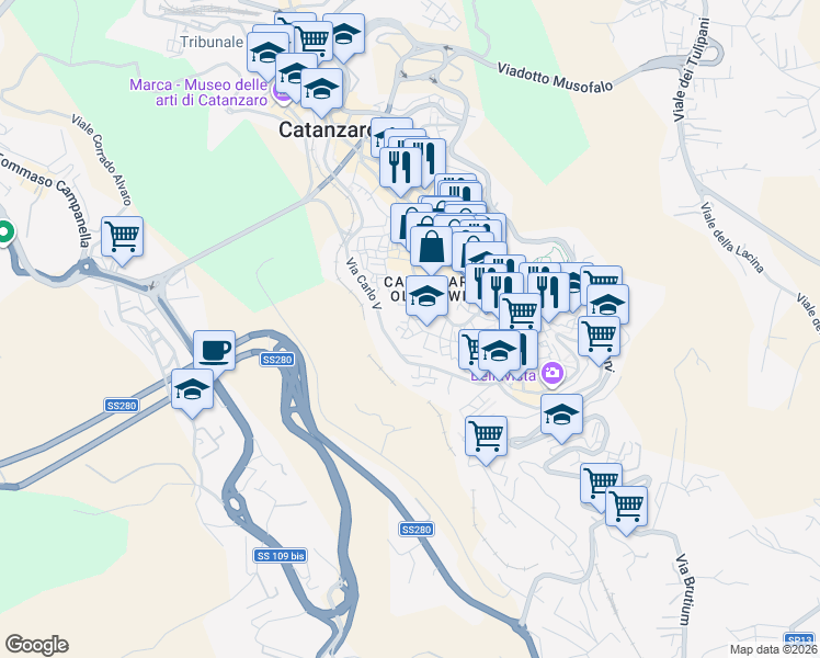 map of restaurants, bars, coffee shops, grocery stores, and more near 26-68 Via XX Settembre in Catanzaro