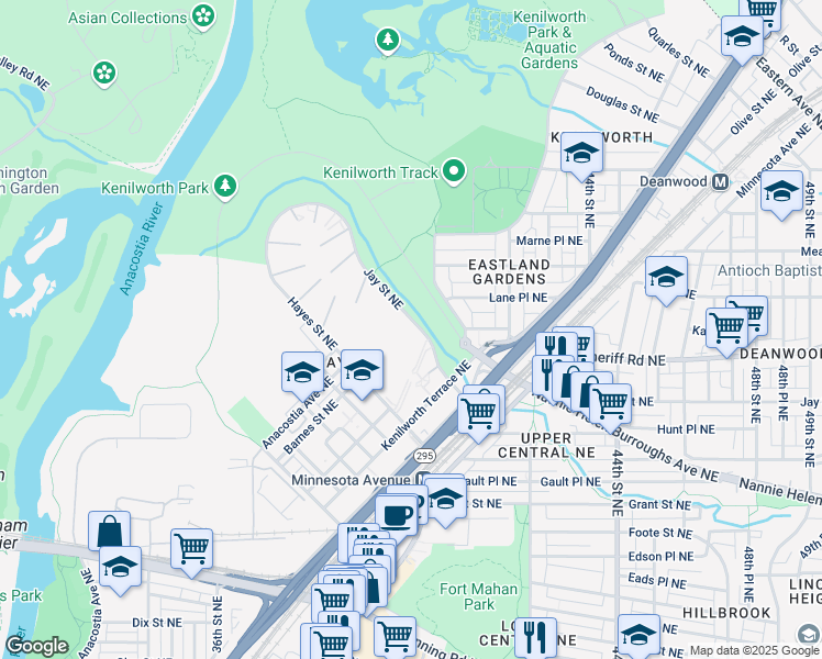 map of restaurants, bars, coffee shops, grocery stores, and more near 3773 Jay Street Northeast in Washington