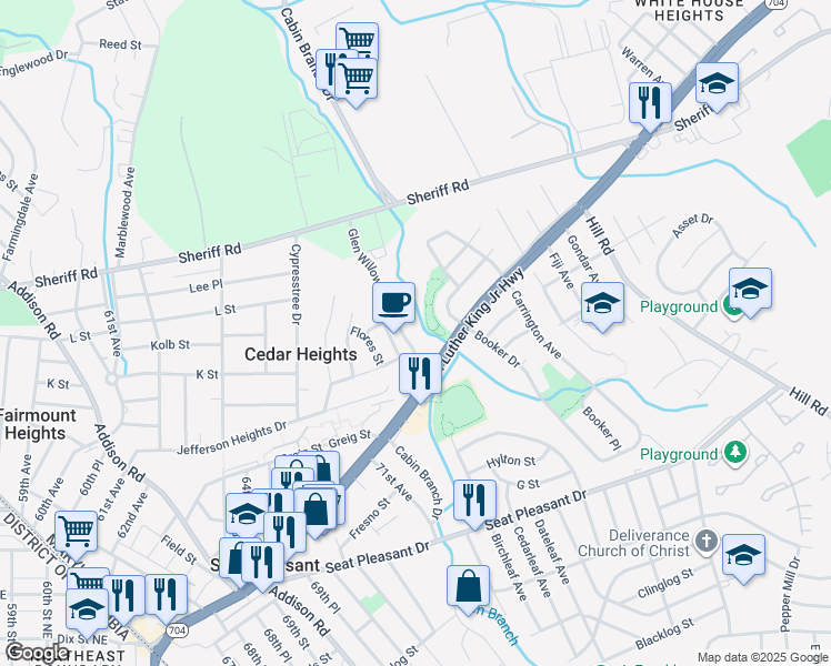 map of restaurants, bars, coffee shops, grocery stores, and more near 907 Glen Willow Drive in Capitol Heights