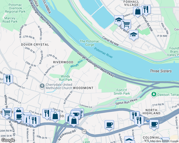 map of restaurants, bars, coffee shops, grocery stores, and more near 2711 North Fillmore Street in Arlington