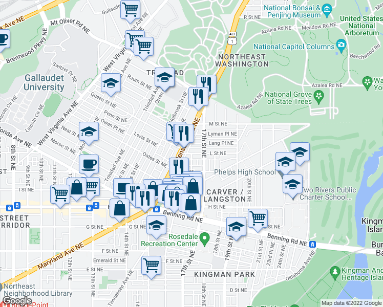 map of restaurants, bars, coffee shops, grocery stores, and more near L Street Northeast & 17th Place Northeast in Washington