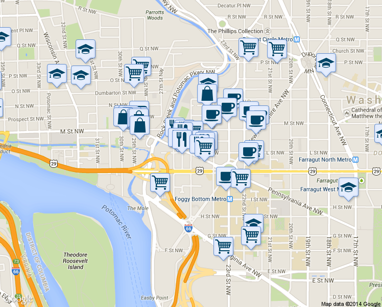 map of restaurants, bars, coffee shops, grocery stores, and more near 2501 Pennsylvania Avenue Northwest in Washington, D.C.