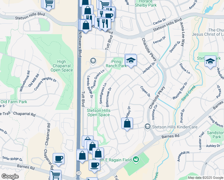 map of restaurants, bars, coffee shops, grocery stores, and more near 4885 Bittercreek Drive in Colorado Springs