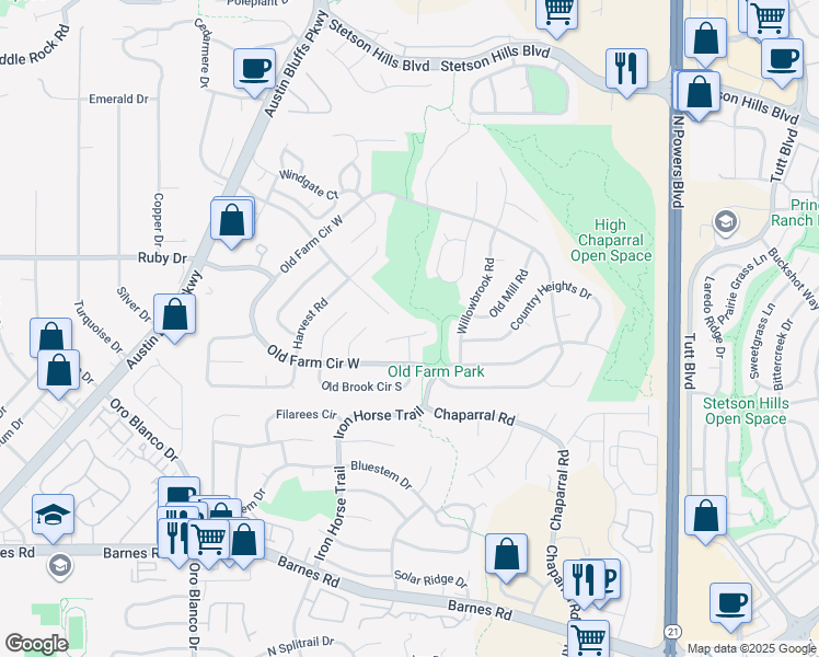 map of restaurants, bars, coffee shops, grocery stores, and more near 4975 Country Brook Court in Colorado Springs
