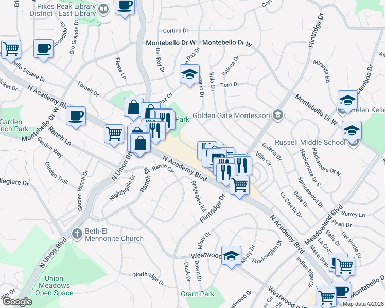 map of restaurants, bars, coffee shops, grocery stores, and more near 5033-5041 El Camino Drive in Colorado Springs