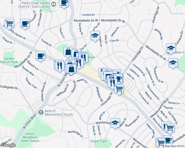 map of restaurants, bars, coffee shops, grocery stores, and more near 5025 North Academy Boulevard in Colorado Springs
