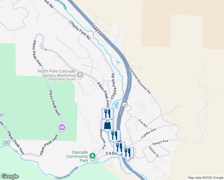 map of restaurants, bars, coffee shops, grocery stores, and more near 4935 Pike Road in Cascade-Chipita Park