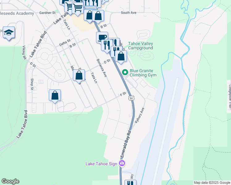 map of restaurants, bars, coffee shops, grocery stores, and more near 1281 Bonanza Avenue in South Lake Tahoe