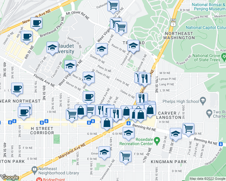 map of restaurants, bars, coffee shops, grocery stores, and more near 101 Independence Avenue Southeast in Washington