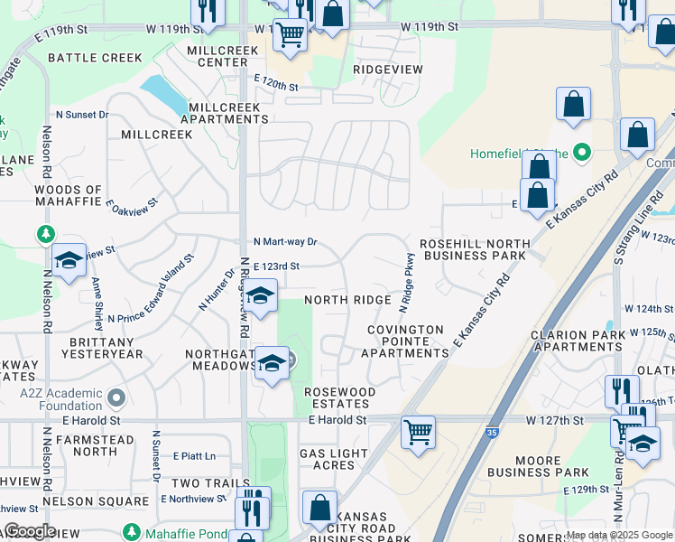 map of restaurants, bars, coffee shops, grocery stores, and more near 1366 North Mart-way Drive in Olathe