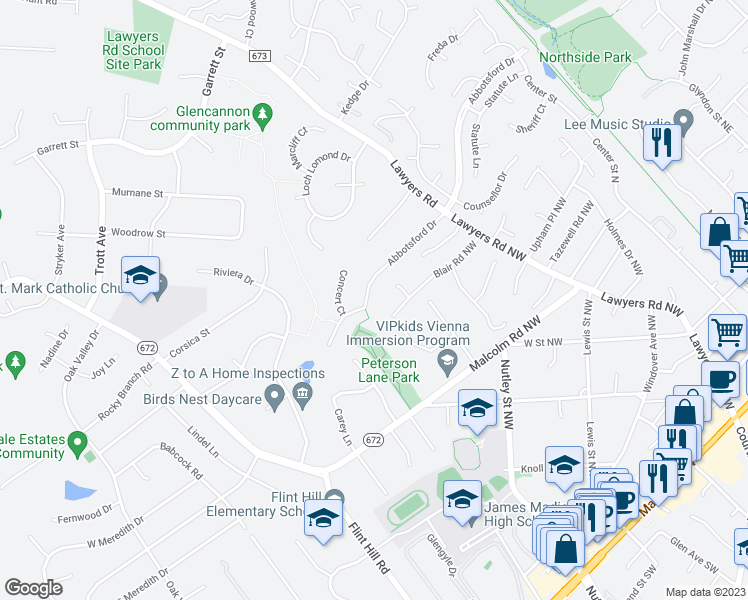map of restaurants, bars, coffee shops, grocery stores, and more near 2233 Abbotsford Drive in Vienna