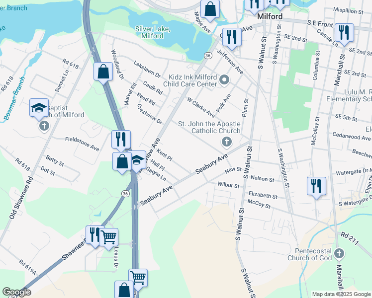 map of restaurants, bars, coffee shops, grocery stores, and more near 612 Lakeview Avenue in Milford