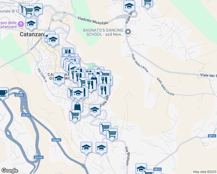 map of restaurants, bars, coffee shops, grocery stores, and more near 99 Viale dei Normanni in Catanzaro