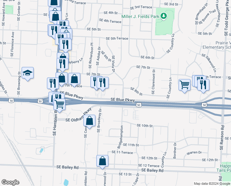 map of restaurants, bars, coffee shops, grocery stores, and more near 1020 SE Blue Pkwy in Lee's Summit