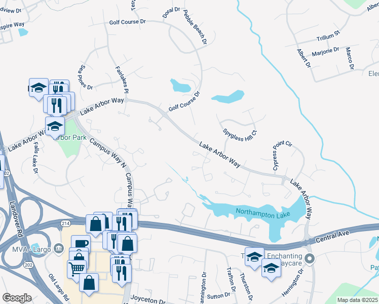 map of restaurants, bars, coffee shops, grocery stores, and more near 10900 Water Port Court in Bowie