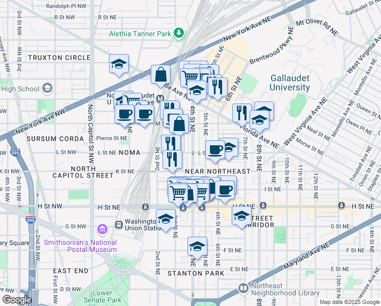map of restaurants, bars, coffee shops, grocery stores, and more near 349 L Street Northeast in Washington