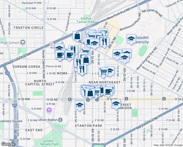 map of restaurants, bars, coffee shops, grocery stores, and more near 349 L Street Northeast in Washington