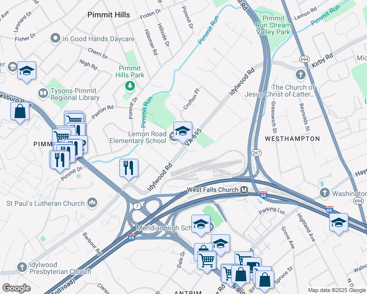 map of restaurants, bars, coffee shops, grocery stores, and more near 7230 Idylwood Road in Falls Church