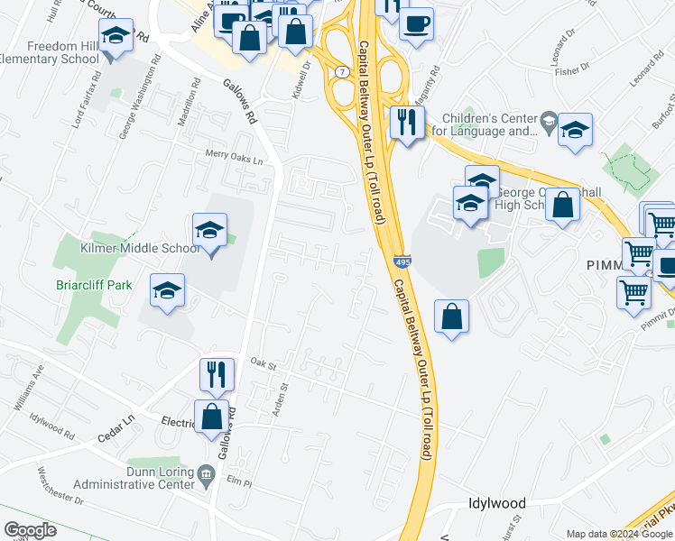 map of restaurants, bars, coffee shops, grocery stores, and more near 2123 Bobbyber Drive in Vienna