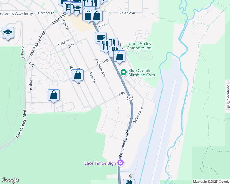 map of restaurants, bars, coffee shops, grocery stores, and more near 1281 Bonanza Avenue in South Lake Tahoe