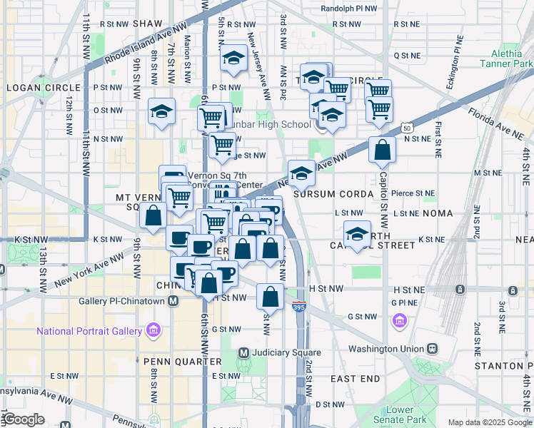 map of restaurants, bars, coffee shops, grocery stores, and more near L St NW & 4th St NW in Washington