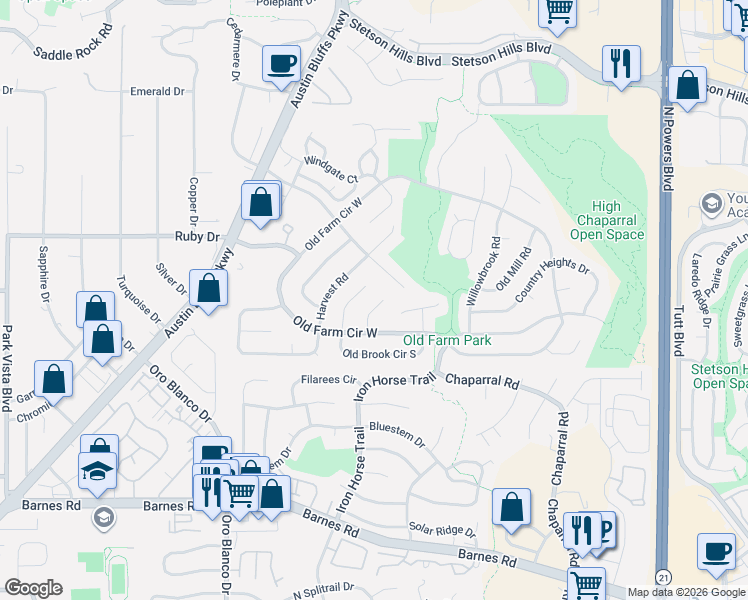 map of restaurants, bars, coffee shops, grocery stores, and more near 4960 Molly Pond Court in Colorado Springs