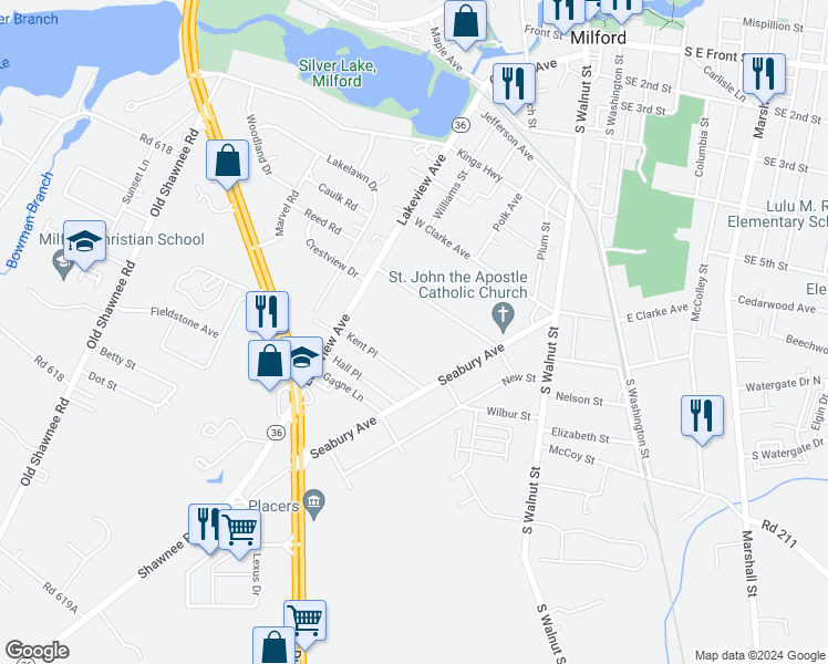 map of restaurants, bars, coffee shops, grocery stores, and more near 612 Lakeview Avenue in Milford
