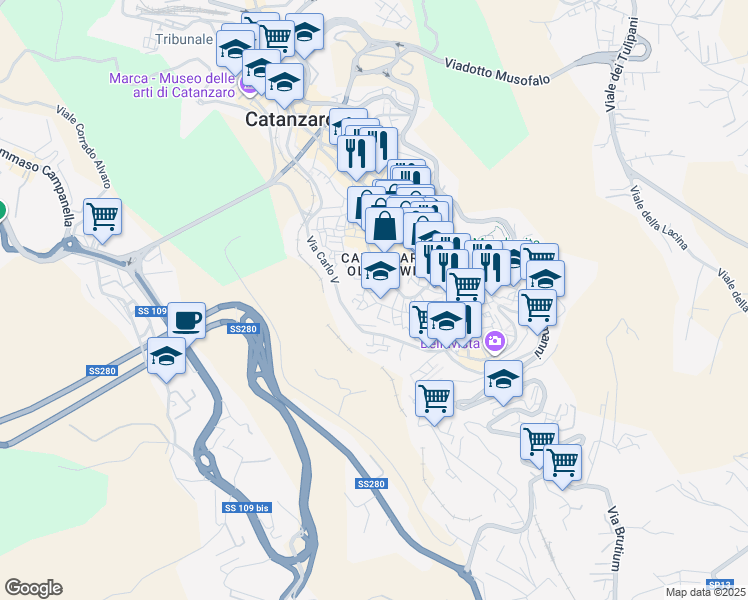 map of restaurants, bars, coffee shops, grocery stores, and more near 26-68 Via XX Settembre in Catanzaro