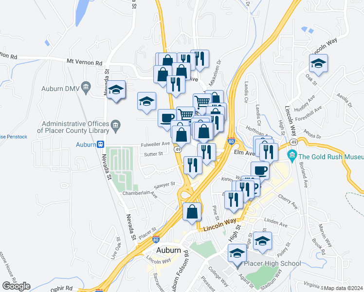 map of restaurants, bars, coffee shops, grocery stores, and more near 399 Elm Avenue in Auburn