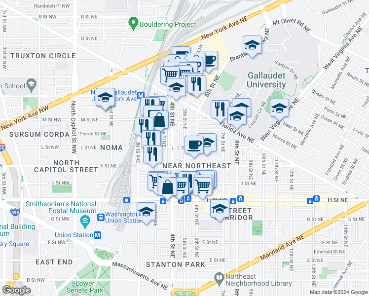 map of restaurants, bars, coffee shops, grocery stores, and more near 1101 5th Street Northeast in Washington