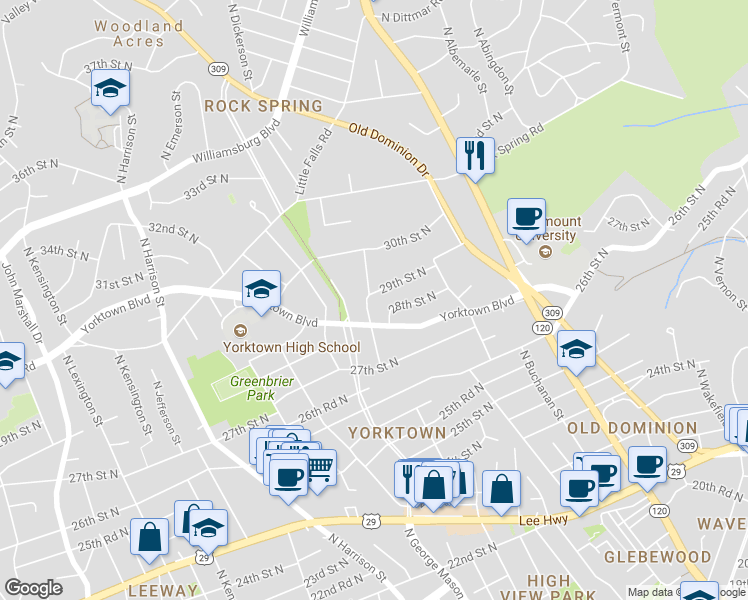 map of restaurants, bars, coffee shops, grocery stores, and more near 4936 29th Street North in Arlington