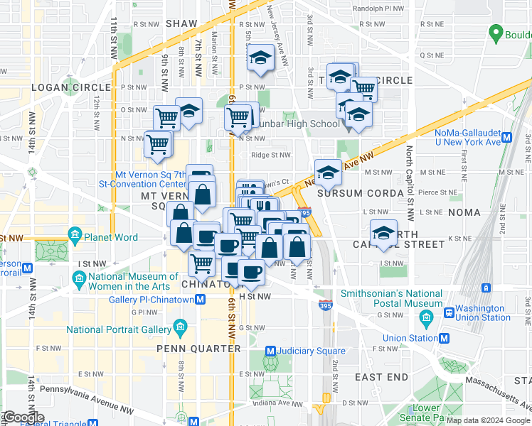 map of restaurants, bars, coffee shops, grocery stores, and more near 463 L Street Northwest in Washington