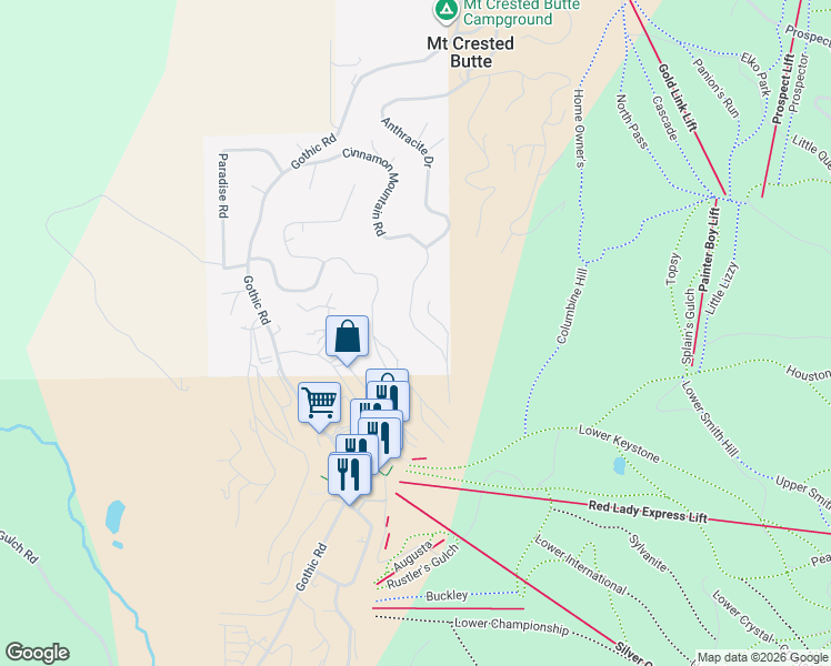 map of restaurants, bars, coffee shops, grocery stores, and more near 57 Cinnamon Mountain Rd in Crested Butte