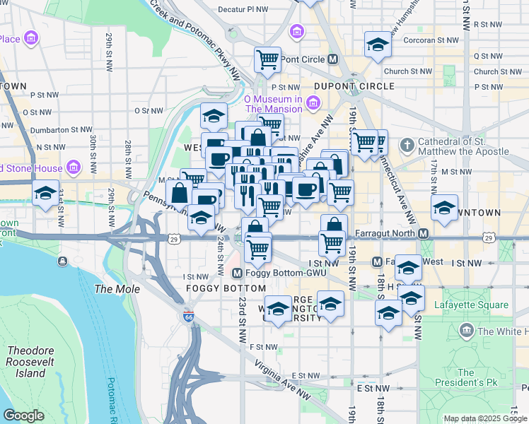 map of restaurants, bars, coffee shops, grocery stores, and more near L St NW & 22nd St NW in Washington