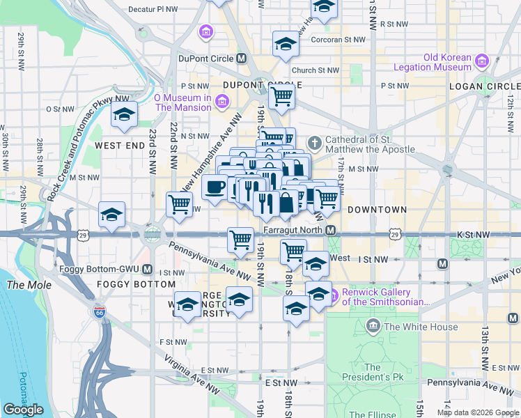 map of restaurants, bars, coffee shops, grocery stores, and more near 19th St NW & L St NW in Washington