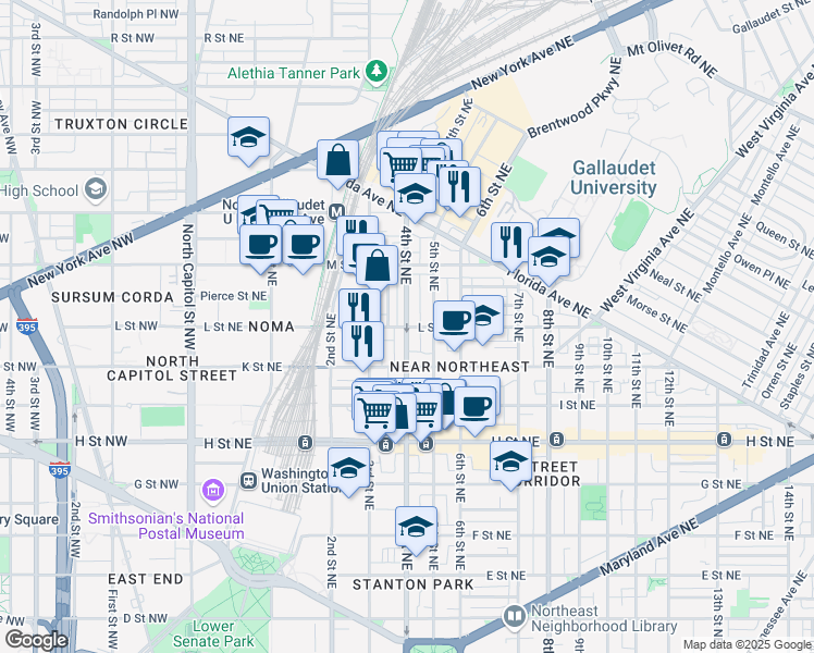 map of restaurants, bars, coffee shops, grocery stores, and more near 1101 4th Street Northeast in Washington