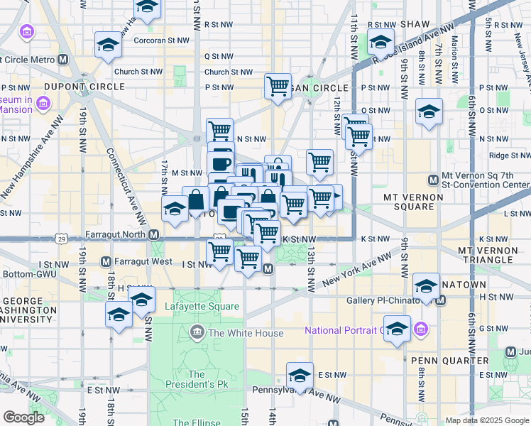 map of restaurants, bars, coffee shops, grocery stores, and more near L Street Northwest in Washington